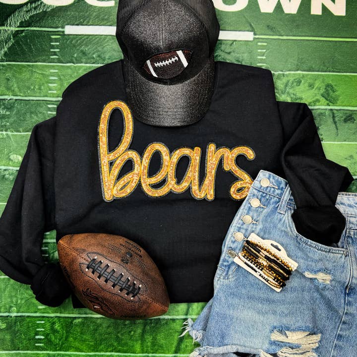 Bears Gold Sequin Patch Black Crewneck Sweatshirt for wholesale by Trendy Tee Co.