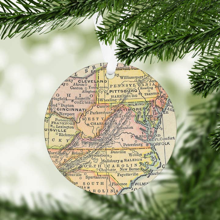 Virginia Vintage Map Christmas Ornament for wholesale by Daisy Mae Designs