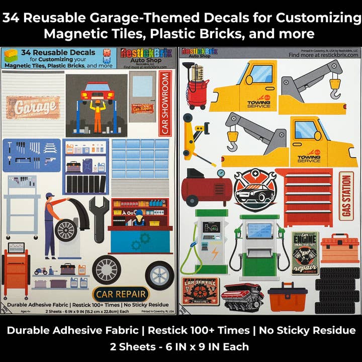 Auto Shop: Reusable Decals for Customizing Magnetic Tiles, Plastic Bricks, and more and other Purchase Wholesale reusable stickers. Free Returns & Net 60 Terms on Faire trending on Faire.