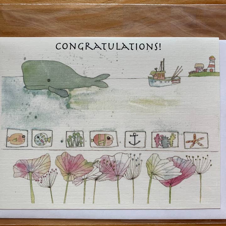 «Biglietto di auguri di congratulazioni (balena e papaveri) per la vendita all'ingrosso da parte di Elle Bee Art Studio