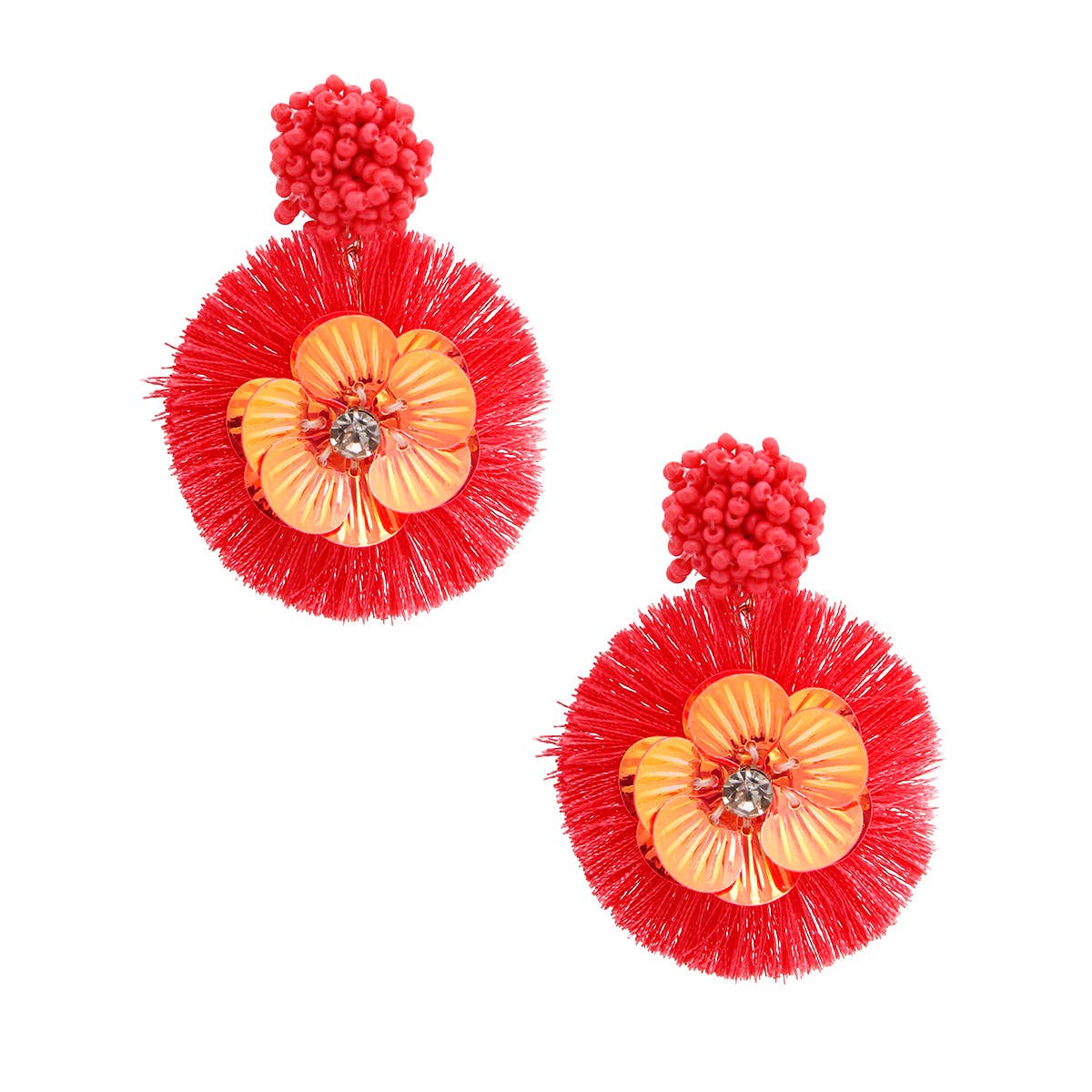 Corail Boucles d'oreilles pompon fleur à paillettes corail en vente sur Faire1