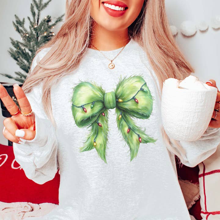 Green Fur Christmas Lights Bow Wholesale Graphic Sweatshirt - Fast Shipping for wholesale by Limeberry Designs