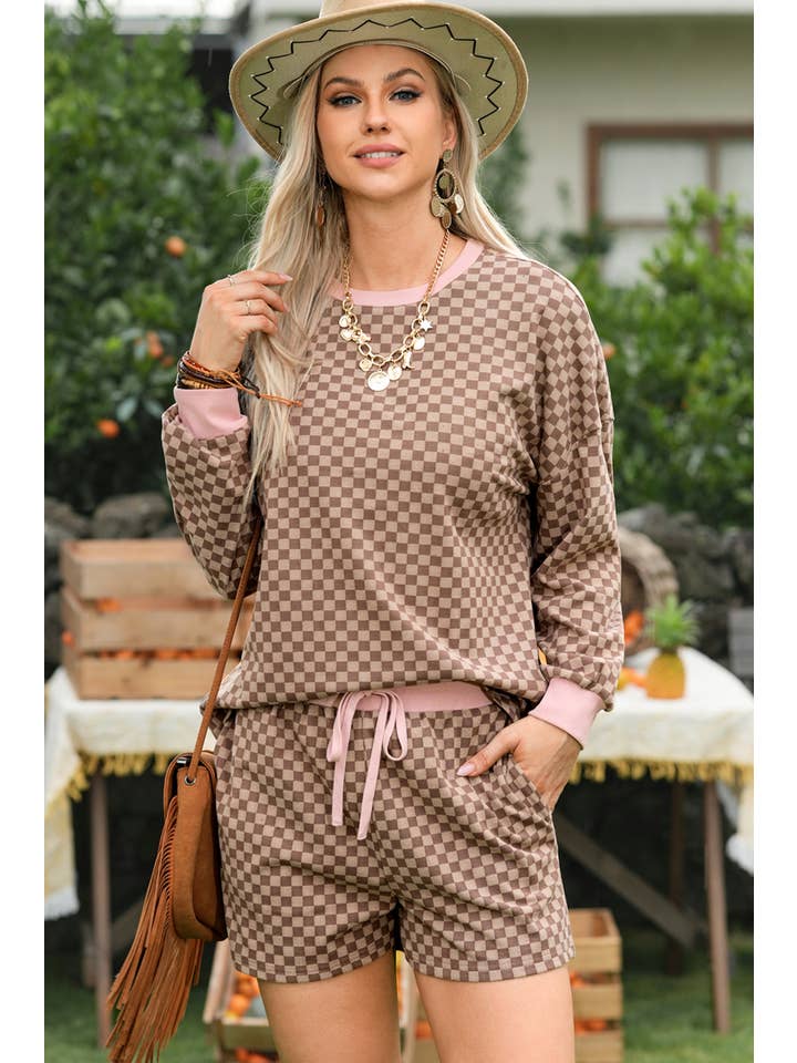 fashionworks - Wholesale Top & pants set (NOT Loungewear) – Women's - Fashion-W Checkerboard Long Sleeve Pullover and Shorts Set6