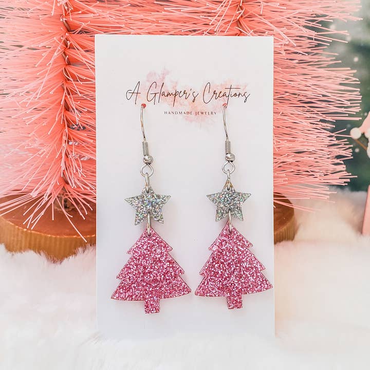 Christmas Tree Acrylic Earrings - Pink & Silver Glitter for wholesale by A Glamper's Creations LLC
