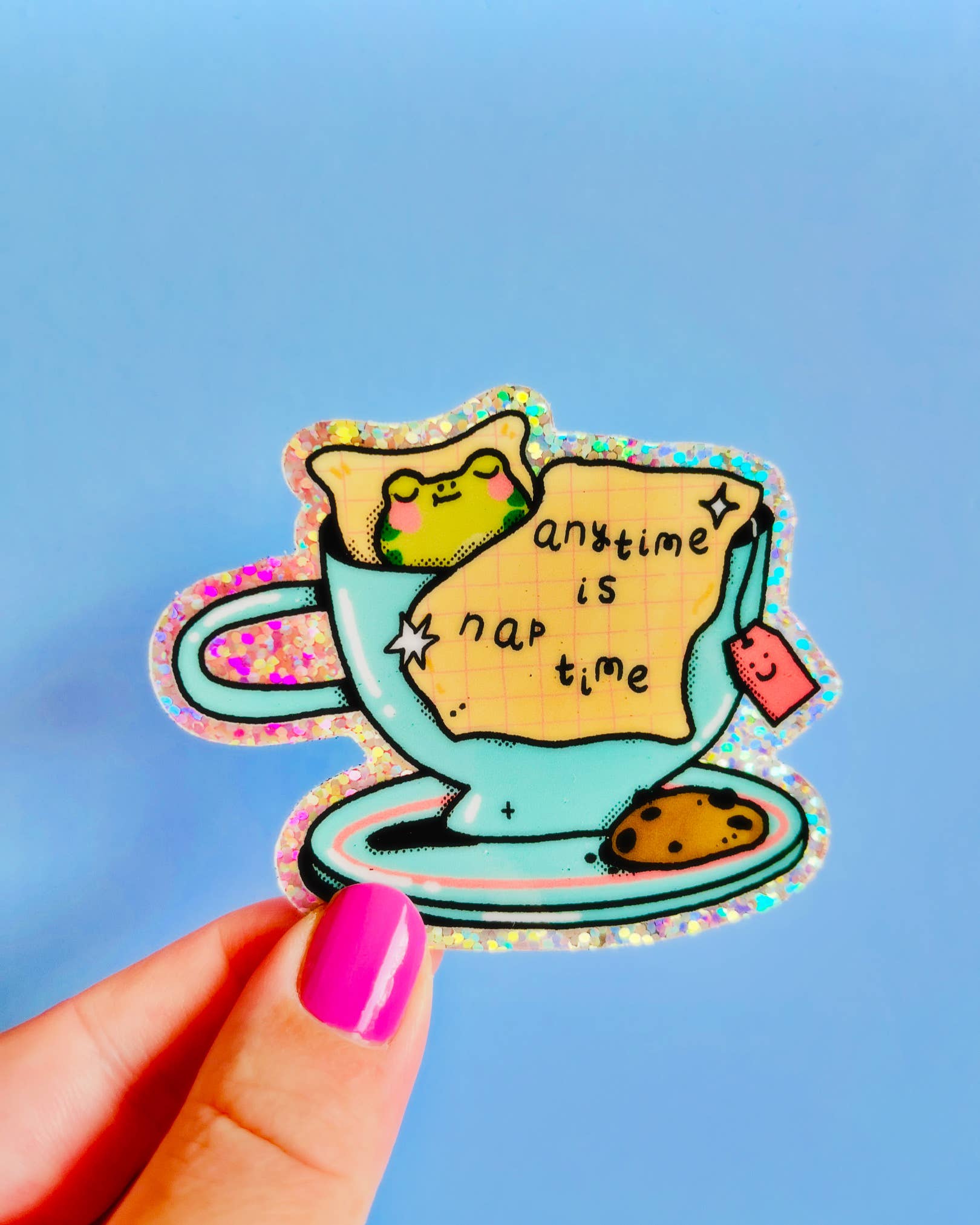 Bloemkolie - Wholesale Sticker - Nap time frog, glitter vinyl sticker / waterproof2