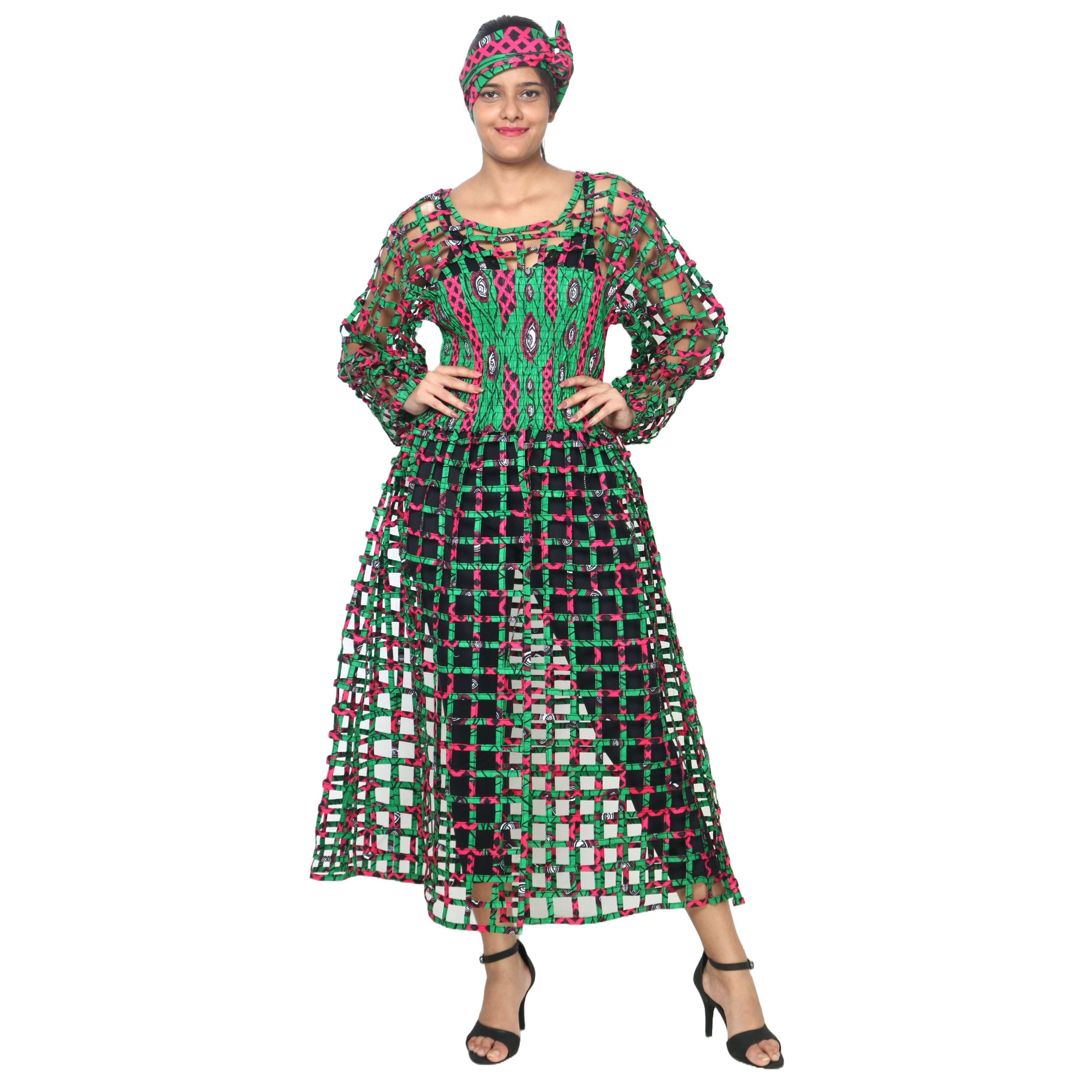 African Stars - Wholesale Dress - Women's - Women's Long Sleeve Smocked Bodice Cage Dress -- FI-ST1227