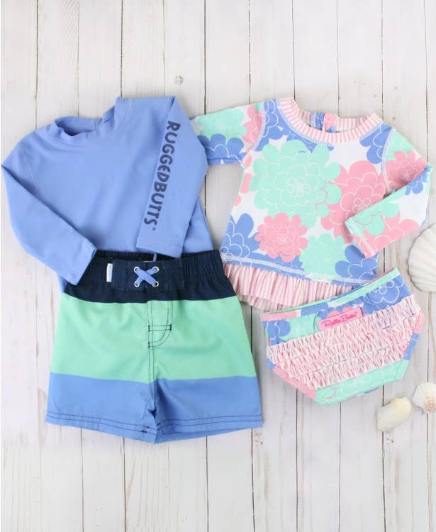 RuffleButts + RuggedButts - Wholesale Rashguard - Kids - Girls Pastel Petals Long Sleeve Rash Guard 2-Piece Swimsuit with Signature Rear Ruffles9