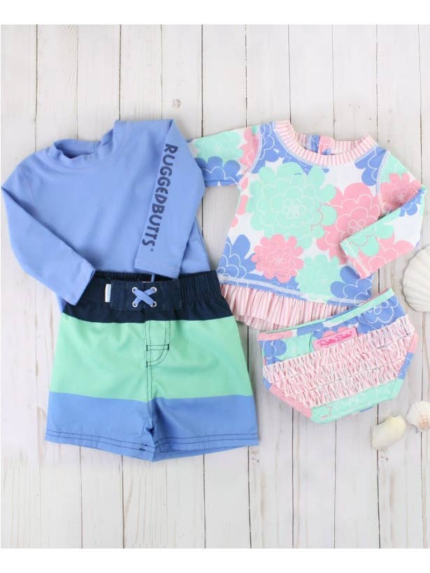 RuffleButts + RuggedButts - Wholesale Rashguard - Kids - Girls Pastel Petals Long Sleeve Rash Guard 2-Piece Swimsuit with Signature Rear Ruffles
9