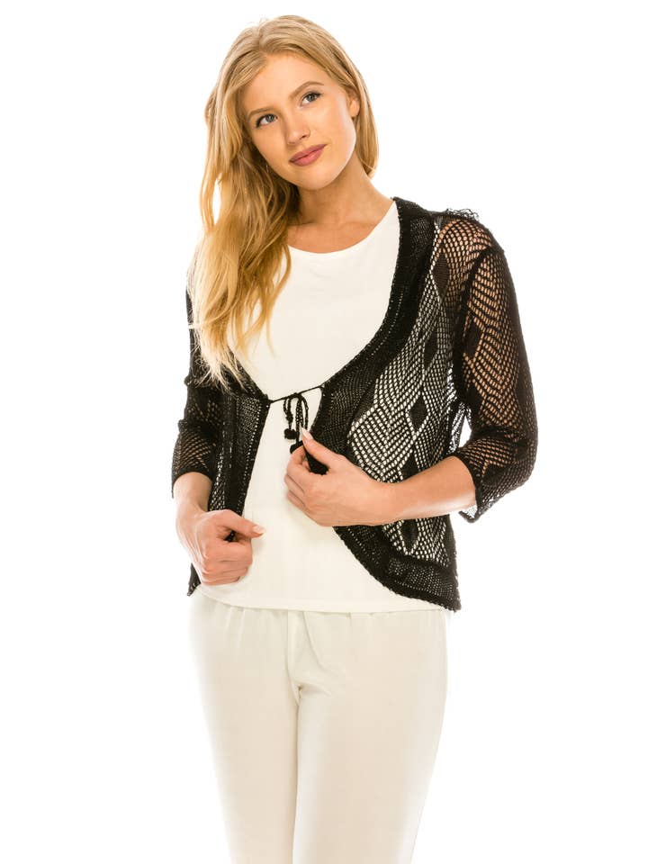 Jostar - Wholesale Cardigan - Women's - Crochet Tie Shrug with Beaded Embellishment