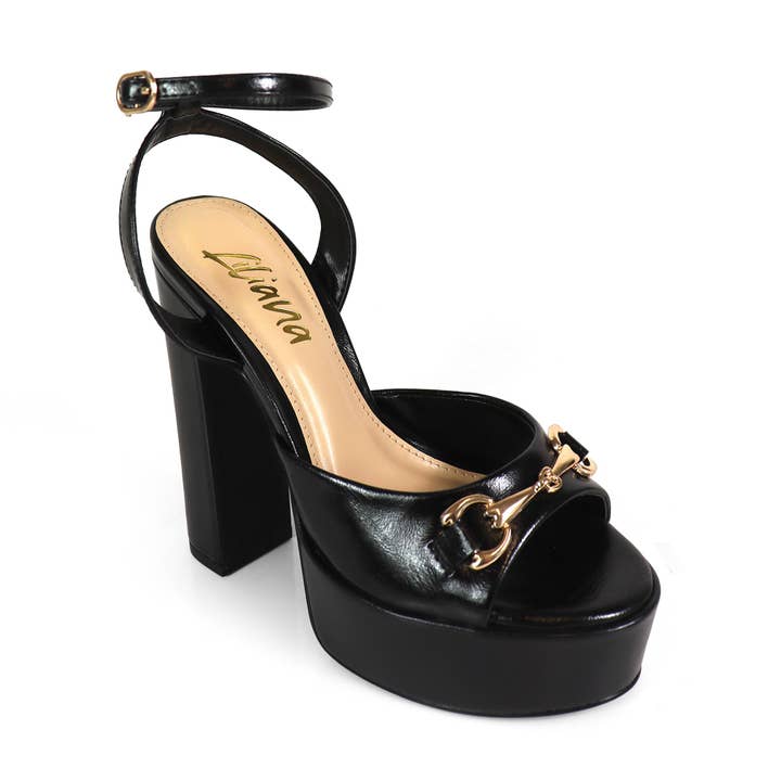 JOSY-12 HORSEBIT ANKLE STRAP PLATFORM CHUNKY HEEL BLACK for wholesale by Liliana Shoes