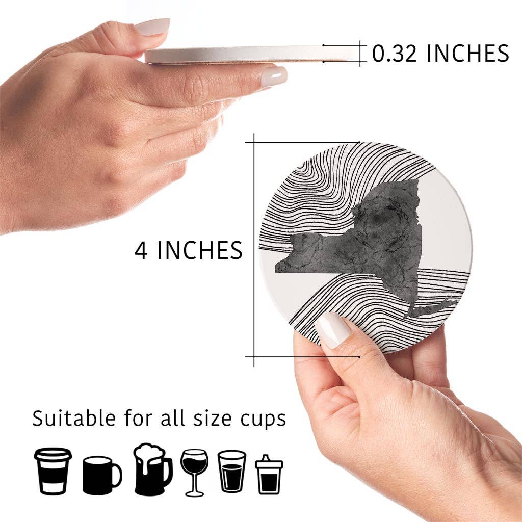 Love Local - Wholesale Coasters - Minimalistic B&W New York State With Fluid Lines | Absorbent Coasters | Set of 4 | Min 25