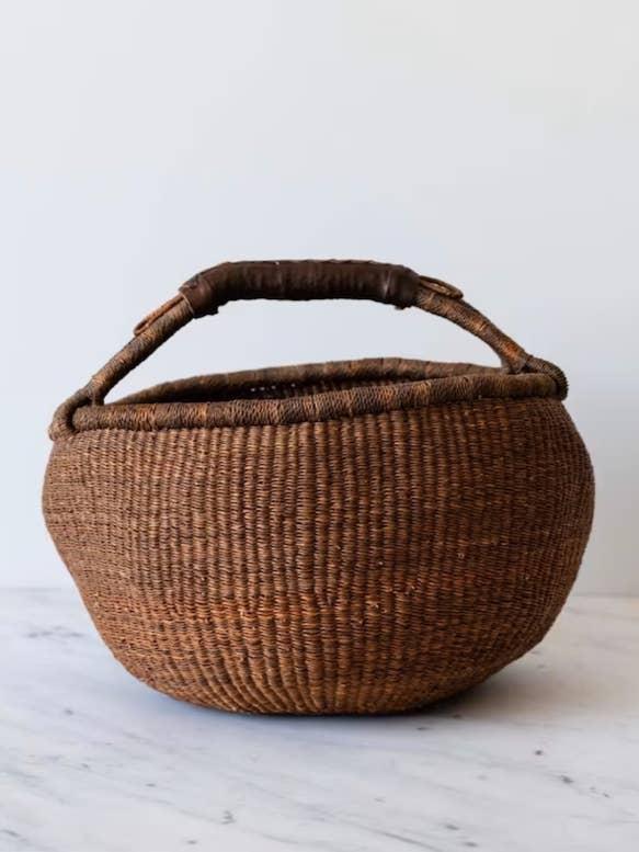 (Set di 5) Cestino Bolga Cioccolato con manico in pelle marrone per la vendita all'ingrosso da parte di Fresh Thinking Co