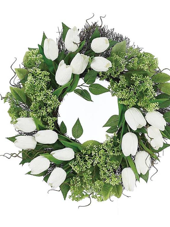 Seeded Berry Tulip Wreath 24" White for wholesale by Select Artificials, Inc.