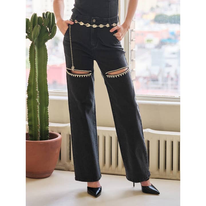 15137P-1 - Cut Out Front Rhinestone Washed Denim Jeans and other Purchase Wholesale jeans with pearls. Free Returns & Net 60 Terms on Faire trending on Faire.