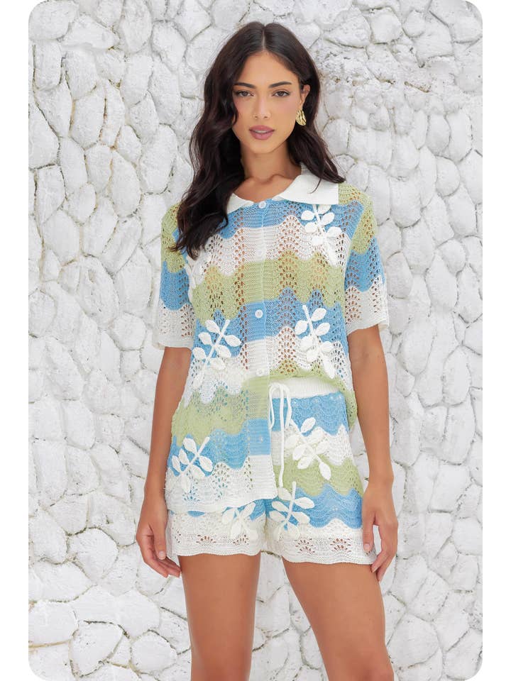 Green blue ivory Crochet Floral Detail Color Block Shirt for wholesale on Faire
