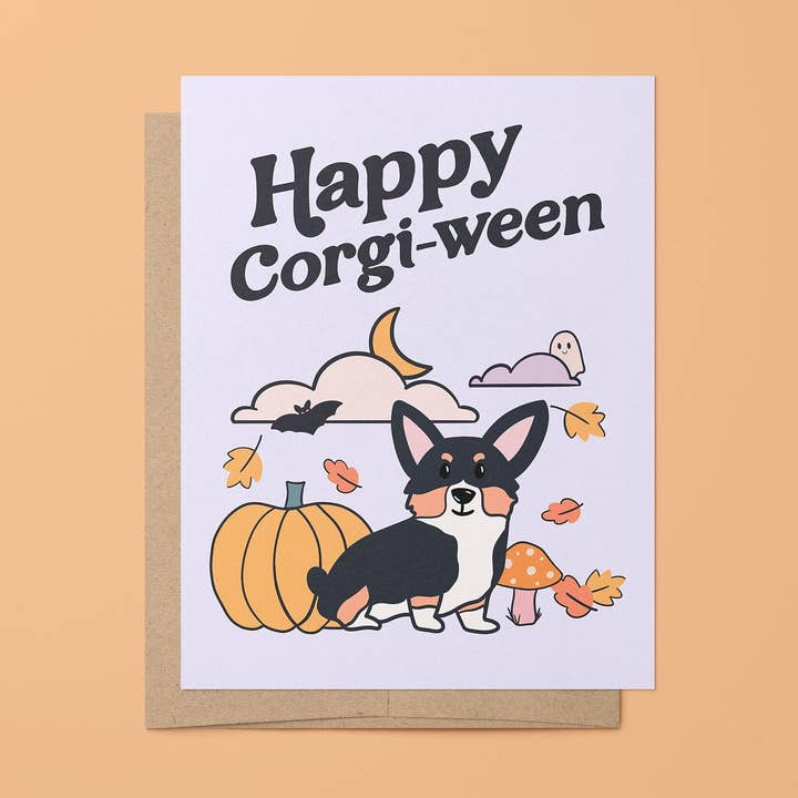 Corgi-ween greeting card for wholesale by MangoIllustrated