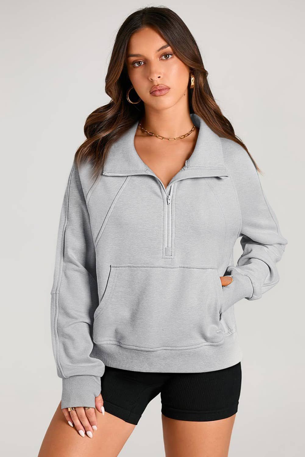 Lovesoft - Wholesale Sweatshirt - Women's - Solid Color Quarter Zip Stand Neck Kangaroo Pocket Sweatshirt22