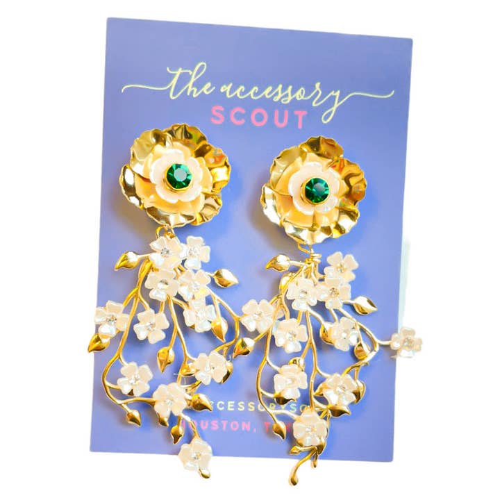 Ashton Earrings - Green & Gold Flower Top for wholesale by THE ACCESSORY SCOUT