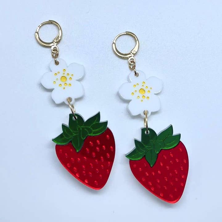 Cherry Moonlight Co - Wholesale Dangle Earrings - Strawberry acrylic earrings with gold plated hoops0
