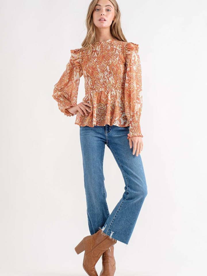 Rust Floral Top With Long Sleeve for wholesale on Faire5