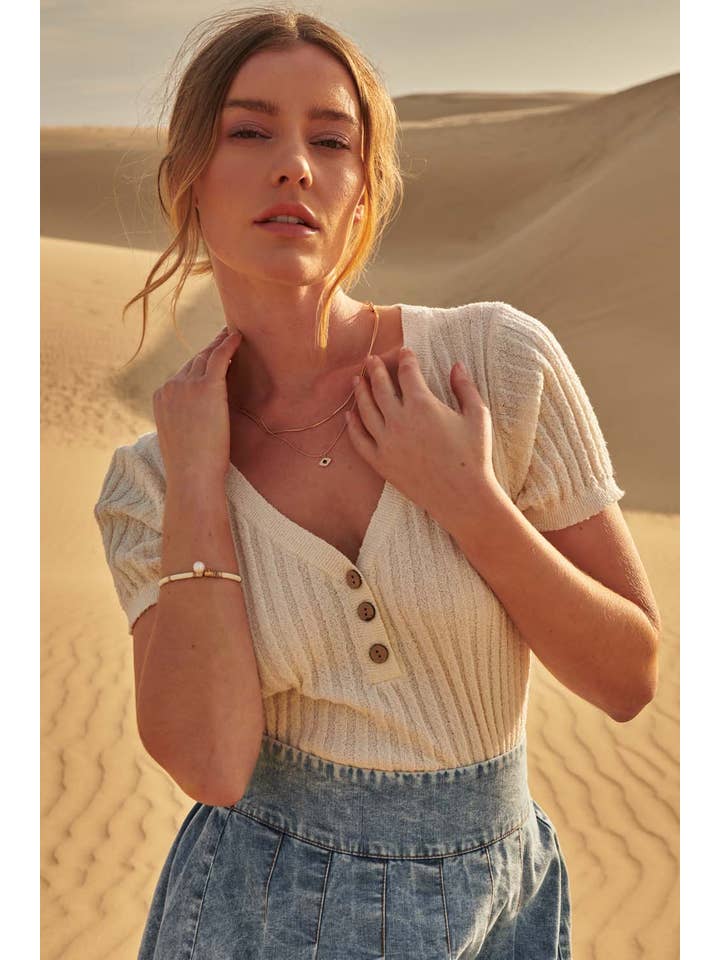 Promesa USA - Wholesale Knit Sweater - Women's - Ribbed Knit V Neck Button Front Sweater Top