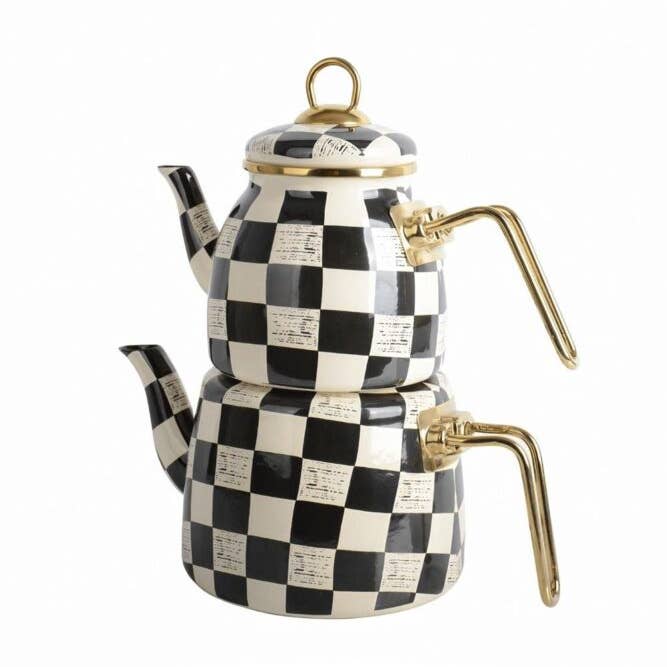 FairTurk - Wholesale Tea Pot - Check Design Enamel Double Turkish Tea Pot Kettle1