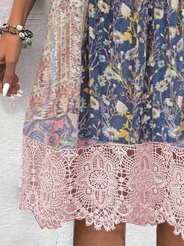 Blush Pink Full Size Lace Detail Printed Three-Quarter Sleeve Dress for wholesale on Faire