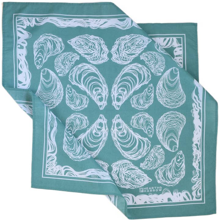 Hearth and Harrow - Wholesale Bandana - Unisex - Oyster Bandana - 100% Cotton - Hand Printed - Green Teal1