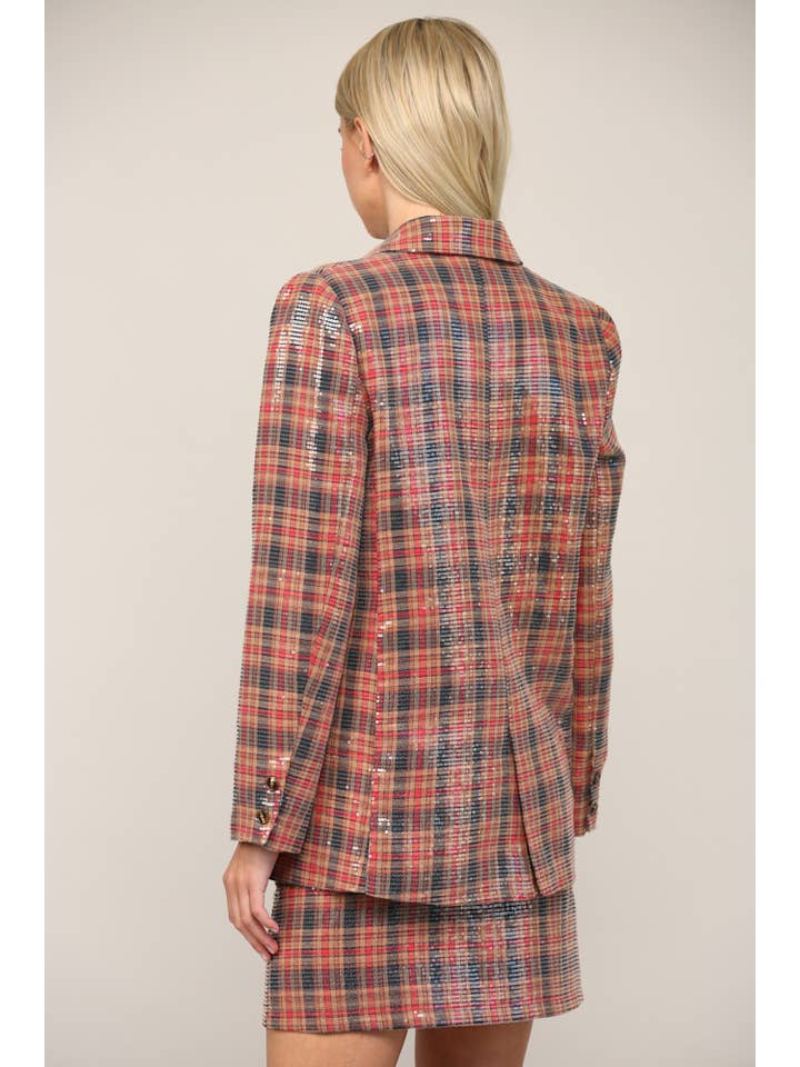 RED NAVY PLAID SEQUIN DOUBLE BREASTED BLAZER FJ74003 for wholesale on Faire