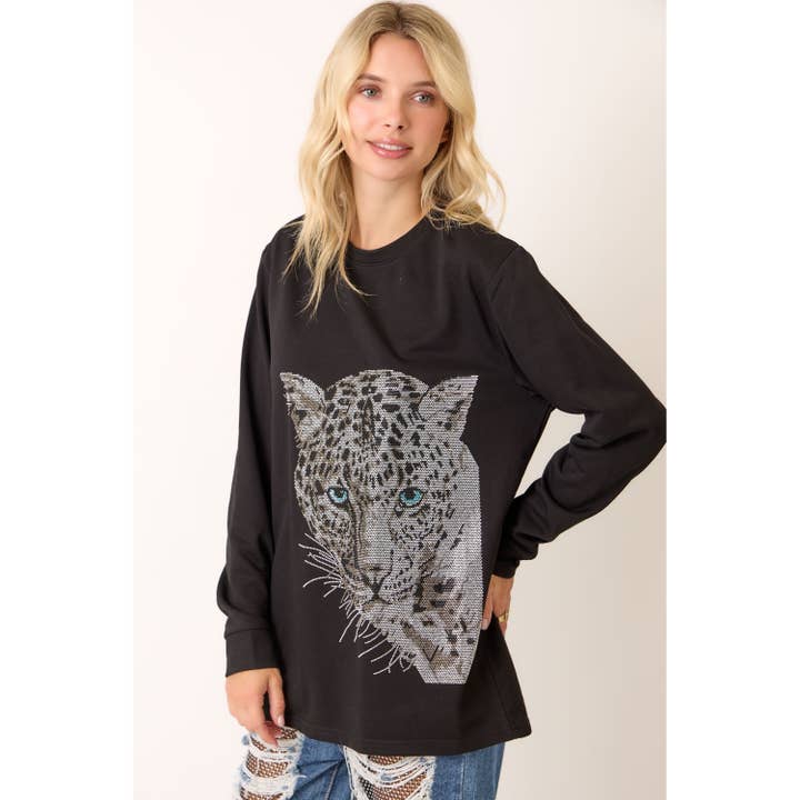 Rhinestone Hotfix Snow Leopard Sweater Top for wholesale by omgstyles