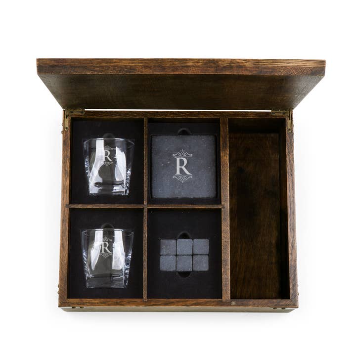 Oak Wood Whiskey Box Gift Set - Monogram for wholesale on Faire50