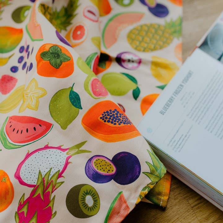 Torchon en coton biologique Fruits Tropicaux pour la vente par Laura Barnes Wholesale Ltd