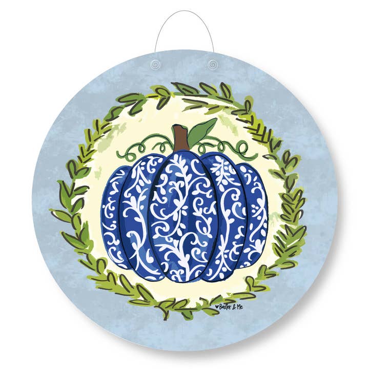 Baxter & Me - Wholesale Door Hanger - Blue Chinoiserie Pumpkin Door Hanger1