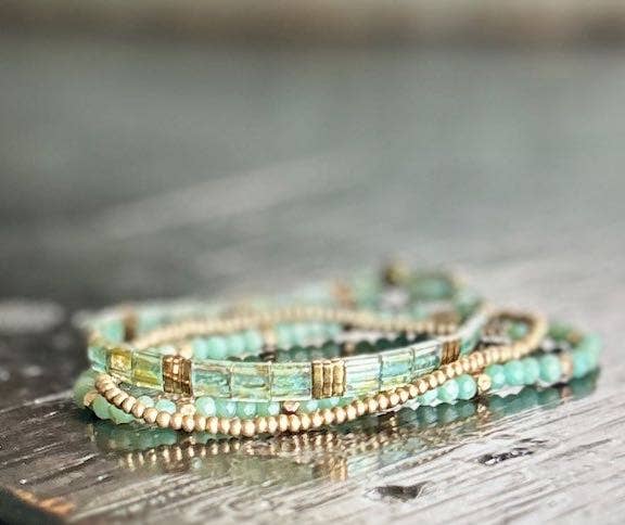 Lady Bird Market - Wholesale Jewelry Set - Tila Set Hazy Greens & Gold Stretchy Tila Bead Bracelet