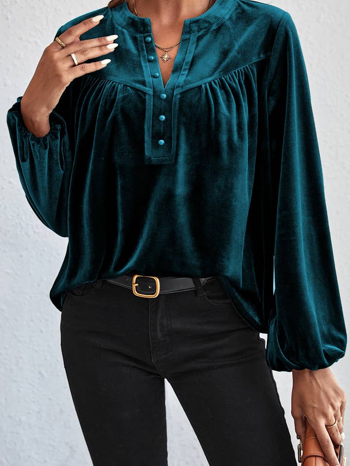 LALA LOO - Wholesale Blouse - Women's - Velvet Lantern Sleeve Beaded Top