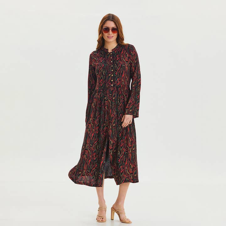 Vestido negro de manga larga con detalle de botones en el cuello redondo para venta al por mayor de Los Banditos