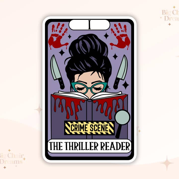 Tarotkaart De Thriller Reader-sticker - Book Lover - Crimetok - Booktok - boekenachtige sticker - Kindle-sticker - e-reader - True Crime voor wholesale door Big Chair Dreams