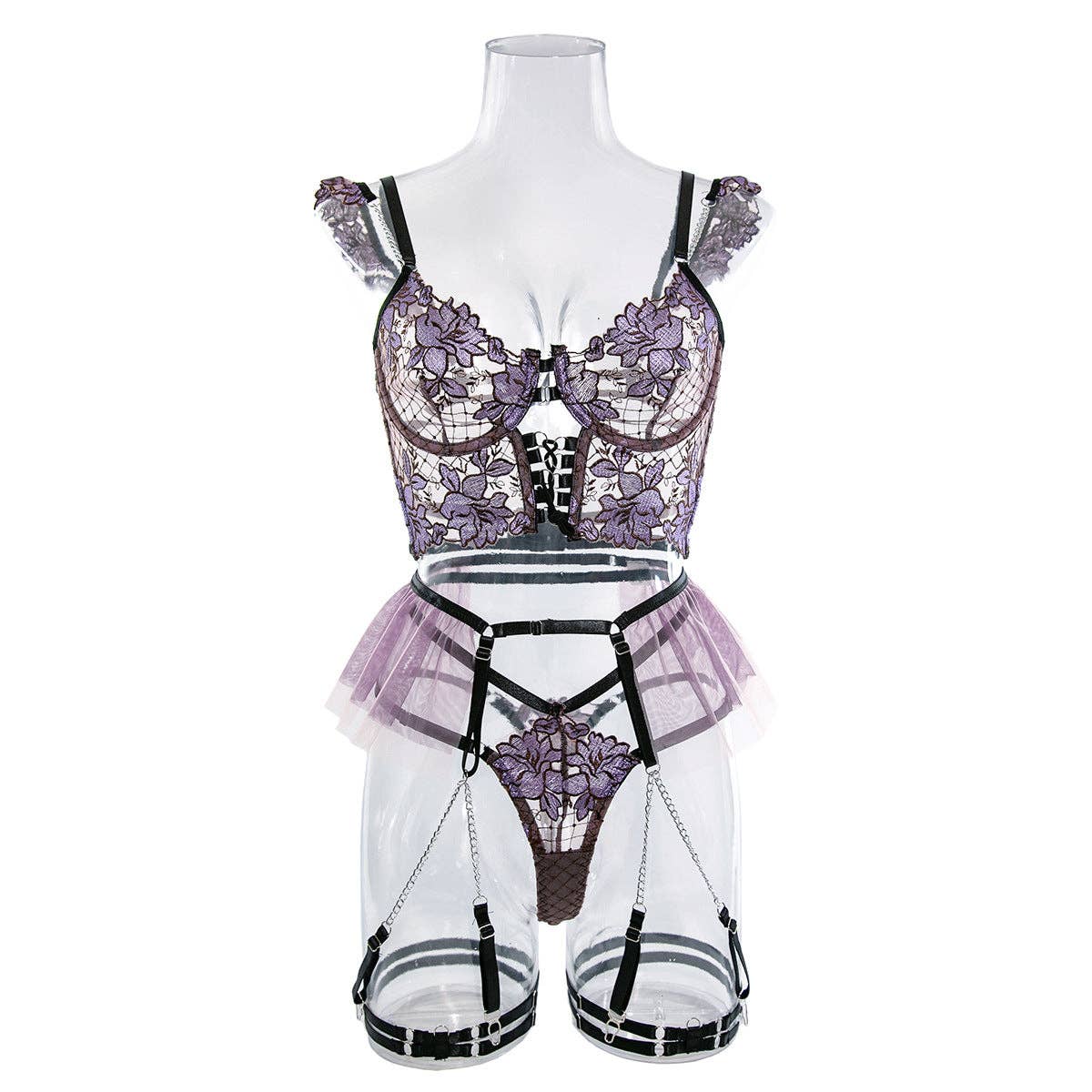 Lina Lind - Wholesale Lingerie - Dames - Sexy lingerie set met bloemenborduursel en jarretelband LL58357