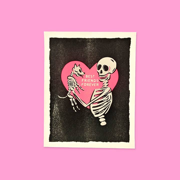 Wildkat Studio - Wholesale Art Print - Best Friends Forever Skeletons Risograph Art Print1