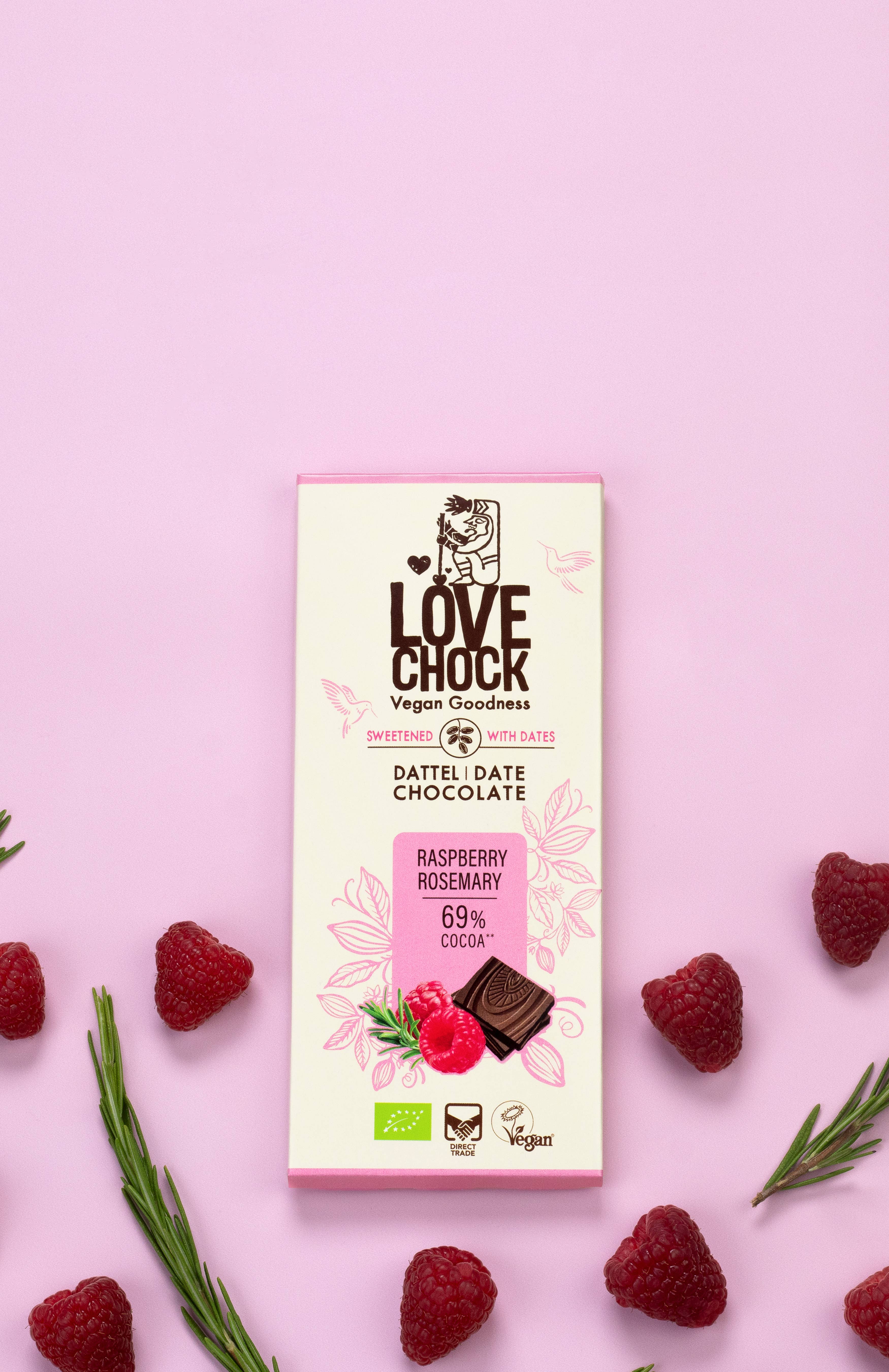 Lovechock NL - Wholesale Chocolate Bar - Chocolate sweetened with dates raspberry rosemary - organic, vegan0