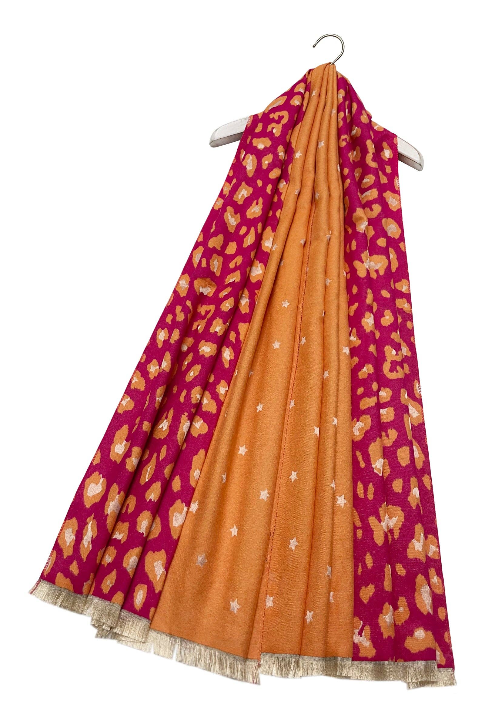 Fashion Scarf World – wholesale Halsduk - Dam – Stjärn- och leopardmönstrad vändbar scarf med fransar0