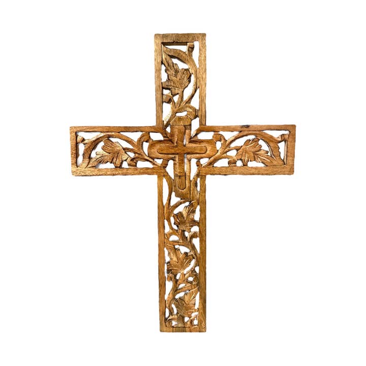 18" x 10.75" Carved Leaf Wood Cross for wholesale by Tremont Floral Supplies