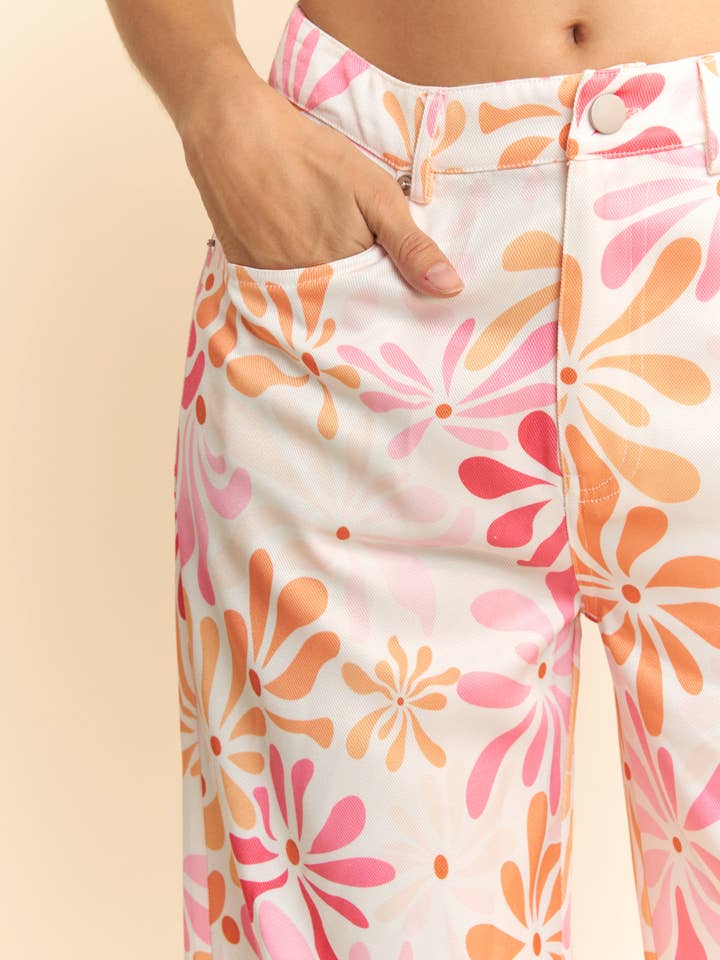 FLORAL PRINTED LIGHTWEIGHT STRAIGHT LEG PANTS for wholesale on Faire6