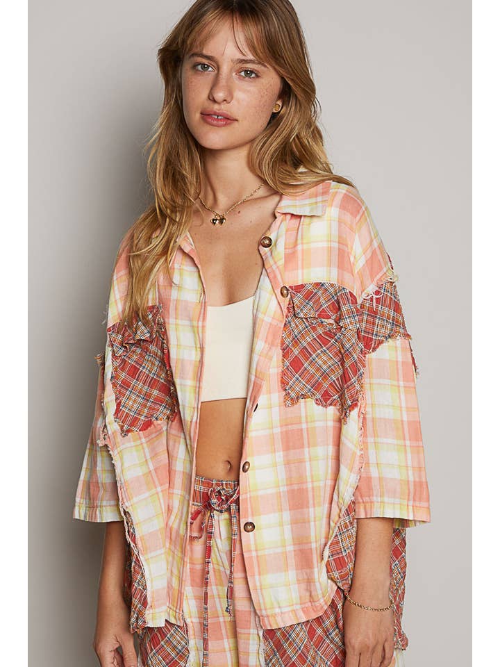 CORAL MULTI Woven plaid print quarter sleeve button down shirt SALE for wholesale on Faire
