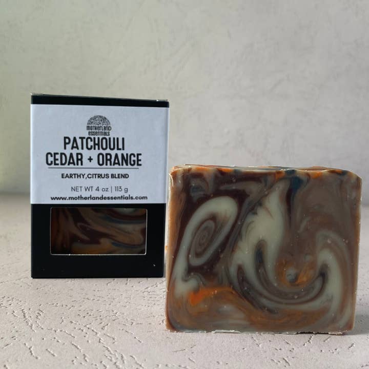 Patchouli Cedar + Orange Shampoo and Body Soap Bar for wholesale by Motherland Essentials