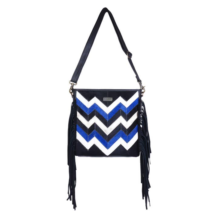 Leather Cowhide Fringed Women Crossbody - Blue Black Zig Zag for wholesale by Sixtease Bags USA
