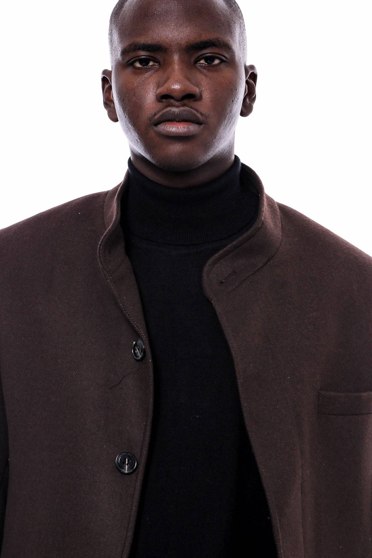 Mandarin Collar Brown Cachet Coat - Wessi for wholesale on Faire1