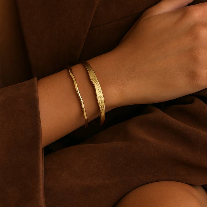 Sculpted Molten Cuffs Two Bracelets Set Waterproof 18k Gold for wholesale by Gold Lunar