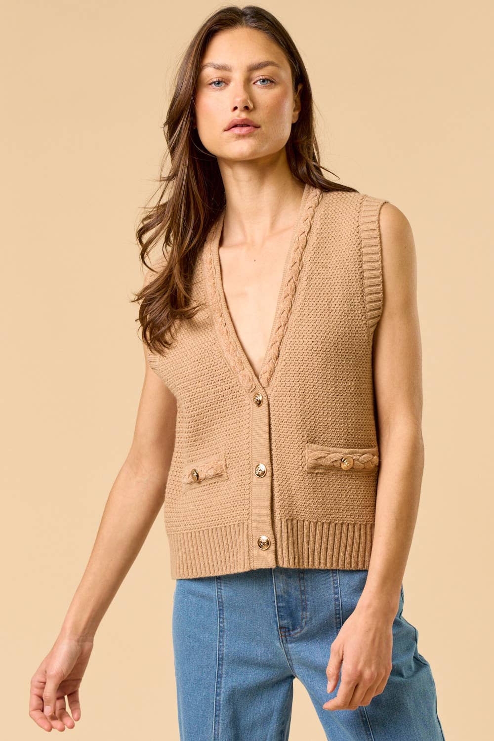Lalavon - Vente Pull sans manches – femme - Gilet sans manches à boutons dorés ILT57642