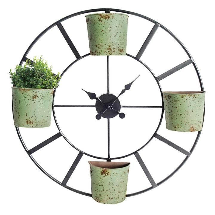 VIP Home & Garden - Wholesale Wall Planter - VIP Metal 24 in. Green Four Buckets Clock Face Wall Planter